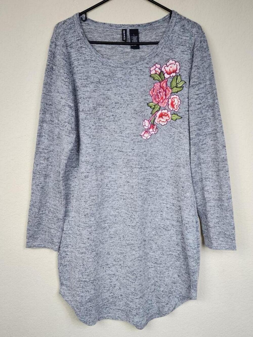 Grey Long Sleeve Floral Applique Dress
